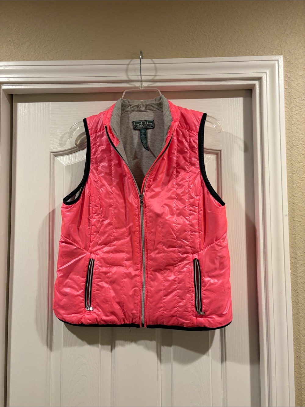 Ralph Lauren Pink Quilted Zip-Front Vest with gray lining new size M